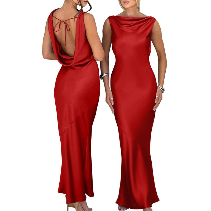 OYS Women'S Satin Elegant Sleeveless High Neck Tie Cocktail Party Maxi Dress Fabric Formal