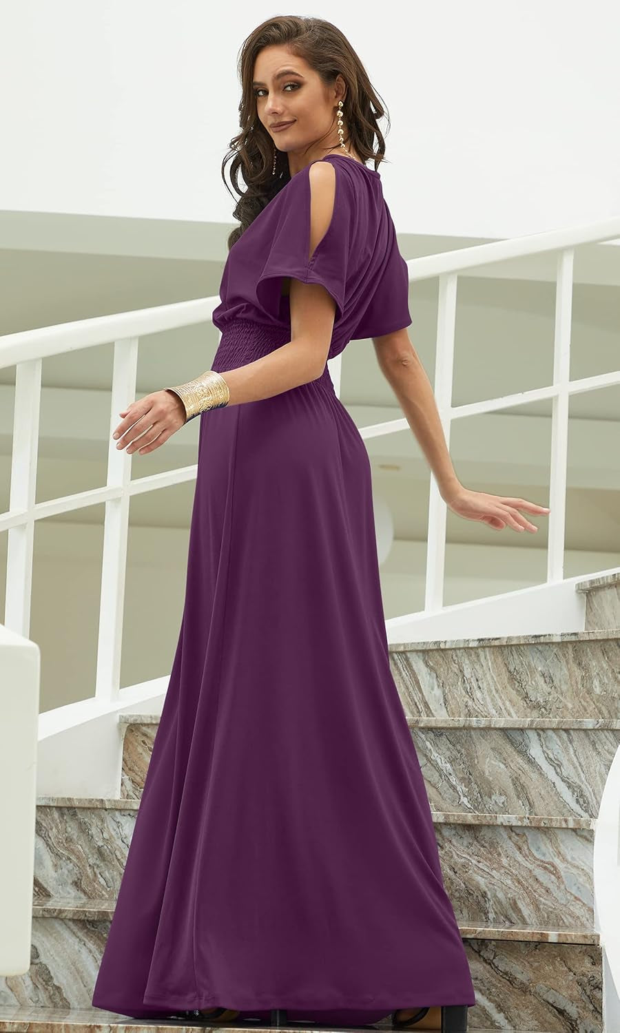 Womens Split Sleeves Smocked Elegant Cocktail Long Maxi Dress