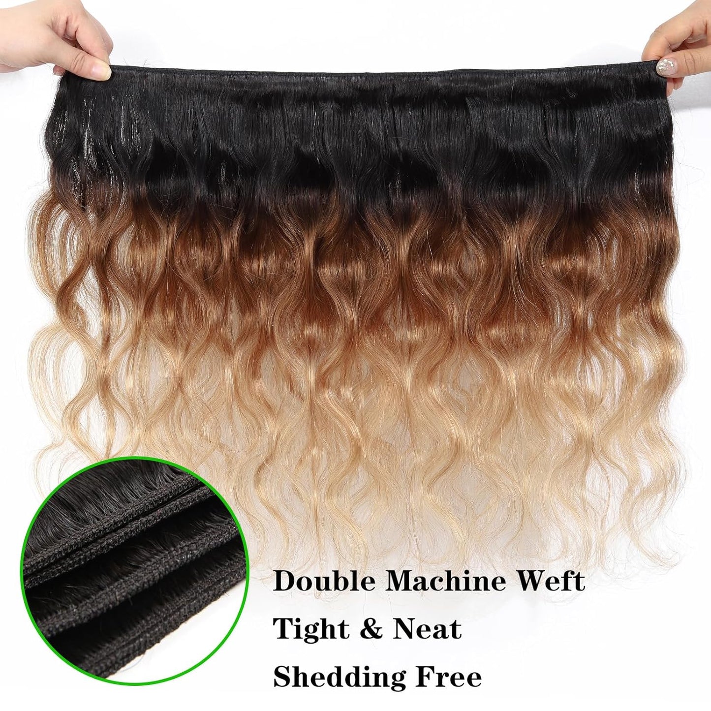 10A Ombre Human Hair Bundles Ombre Brazilian Hair Body Wave (T1B/4/27,18" 20" 22") Ombre Brazilian Human Hair Virgin Remy Hair Bundles 3 Tone Black to Blonde Human Hair Weave