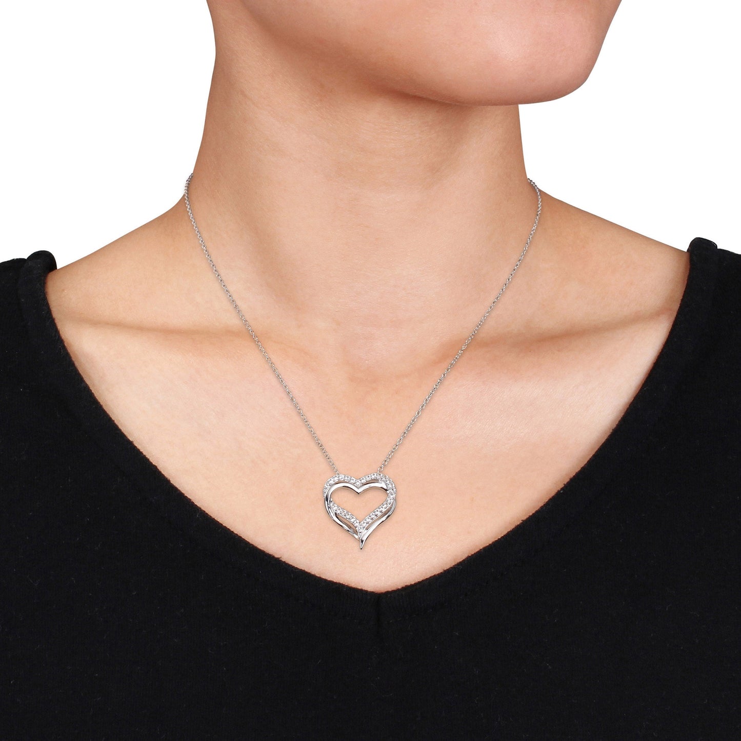 Women'S 5/8 Carat T.G.W. Round-Cut Created White Sapphire Sterling Silver Double Heart Pendant with Chain with Shared Prong Setting and Spring Ring Clasp - 18 In.