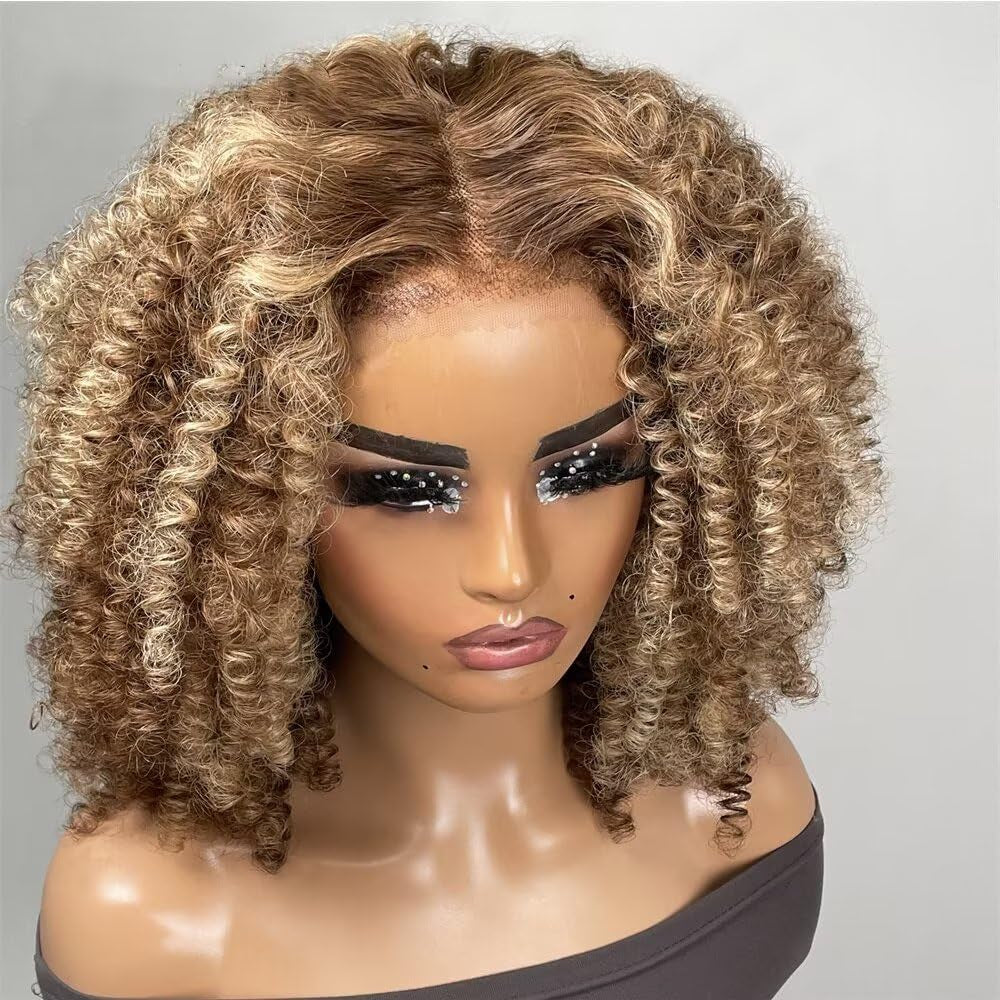 #4/27 Kinky Edge Afro Kinky Curly Wig Human Hair Honey Blonde Color 13X6 HD Transparent Lace Front Wig Human Hair Pre Plucked for Women Brazilian Remy Hair Glueless Wig 150% Density 18Inch