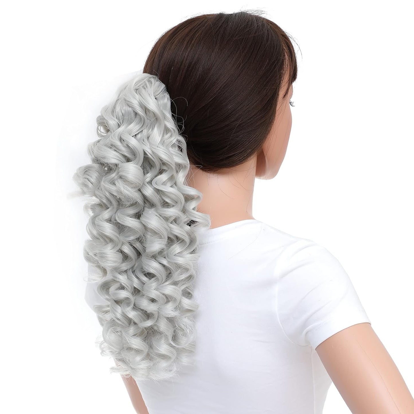 12-Inch Ponytail Extensions Synthetic Clip in Drawstring Curly Ponytail Hairpiece Jaw Clip Hair Extension (Silver Gray)