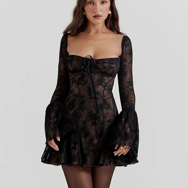 2024 Spring Backless Sexy Black Dresses Women Vintage Elegant Spring French Retro Lace Falre Sleeve Mini Short Dress Party