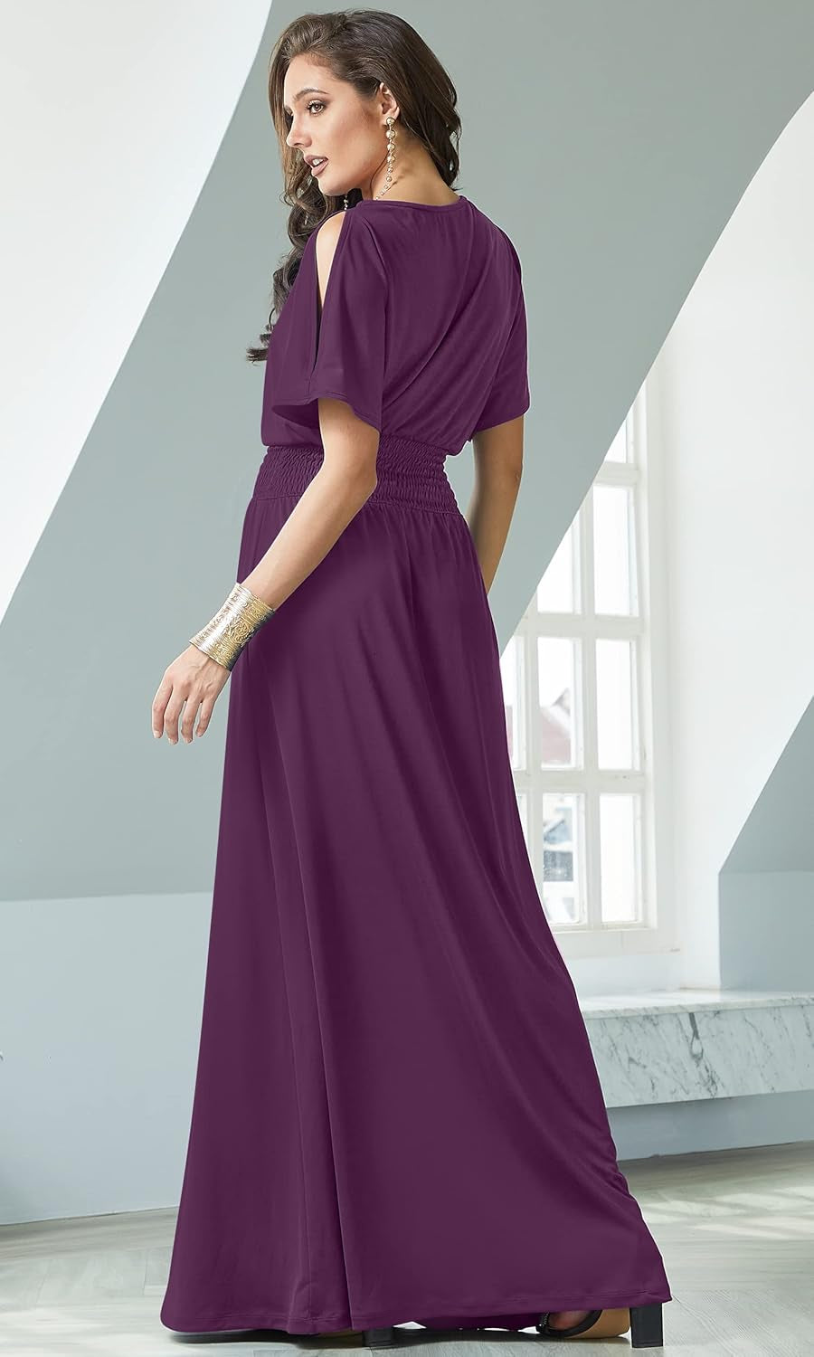 Womens Split Sleeves Smocked Elegant Cocktail Long Maxi Dress