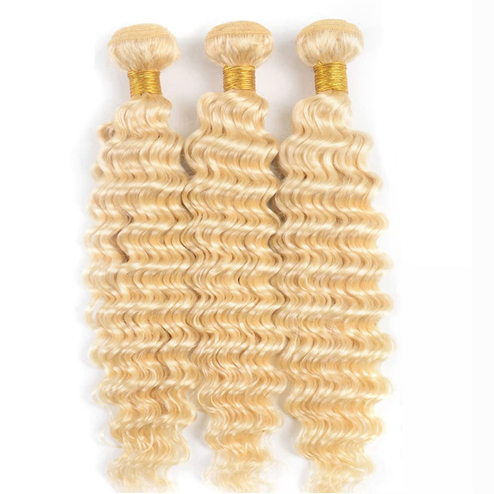 22 24 26 Inch 613 Human Hair Bundles Blonde Deep Wave Bundles Human Hair 8A Brazilian Virgin Remy Hair 3 Bundles 613 Deep Wave Bundles Hair Extensions 300G Blonde Bundles