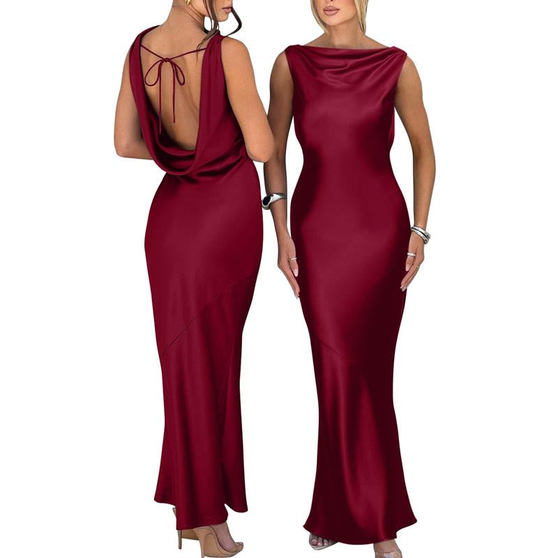 OYS Women'S Satin Elegant Sleeveless High Neck Tie Cocktail Party Maxi Dress Fabric Formal