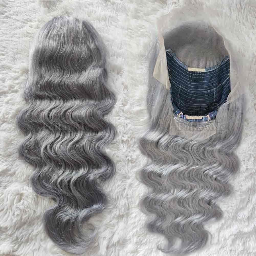 Pre Plucked Brazilian Virgin Lace Front Wigs 180% Density Grey Body Wave Human Hair Wigs for American Women 13X4 Deep Space Lace 14 Inch