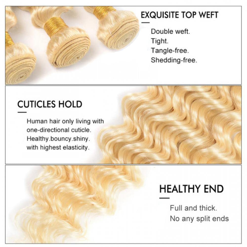 22 24 26 Inch 613 Human Hair Bundles Blonde Deep Wave Bundles Human Hair 8A Brazilian Virgin Remy Hair 3 Bundles 613 Deep Wave Bundles Hair Extensions 300G Blonde Bundles