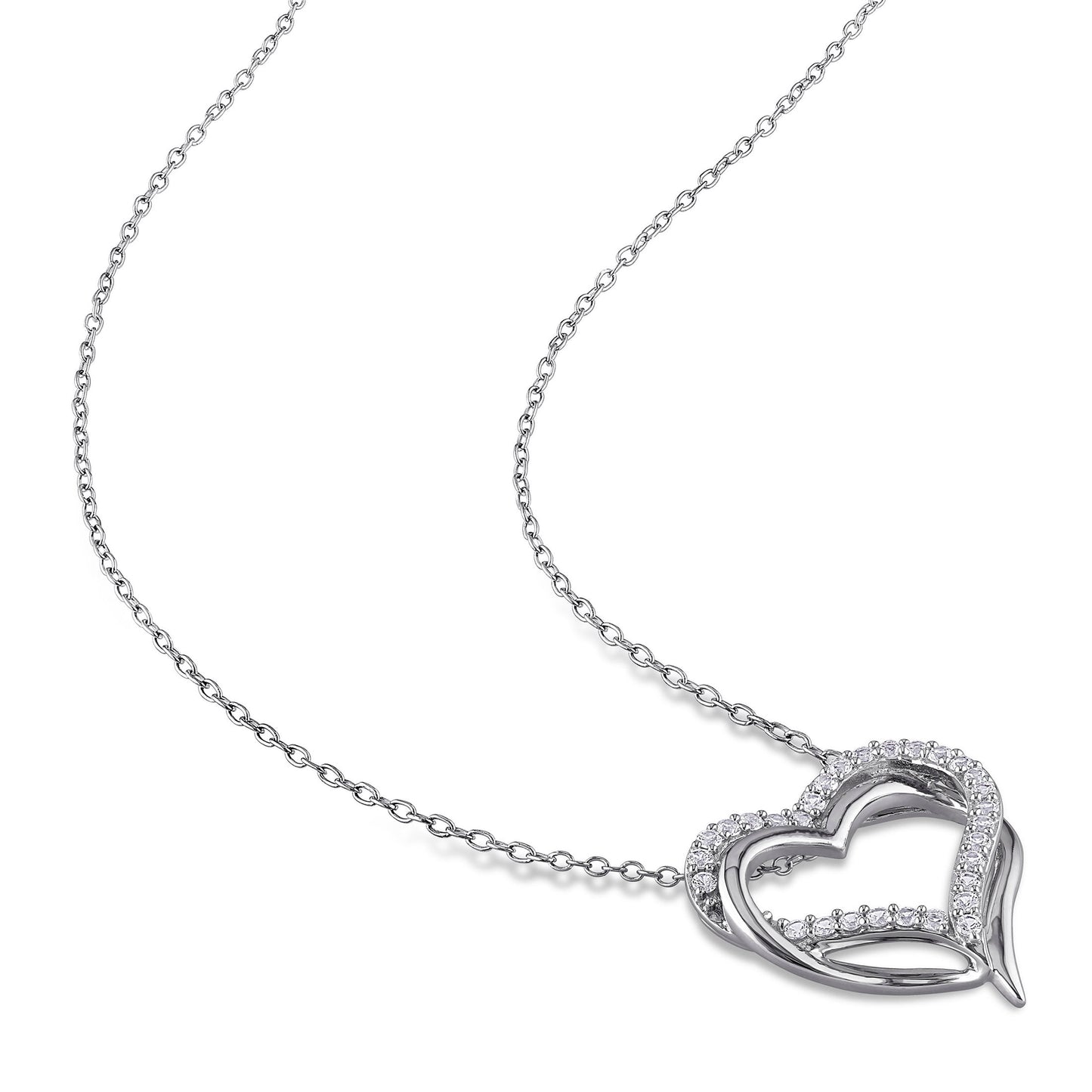 Women'S 5/8 Carat T.G.W. Round-Cut Created White Sapphire Sterling Silver Double Heart Pendant with Chain with Shared Prong Setting and Spring Ring Clasp - 18 In.