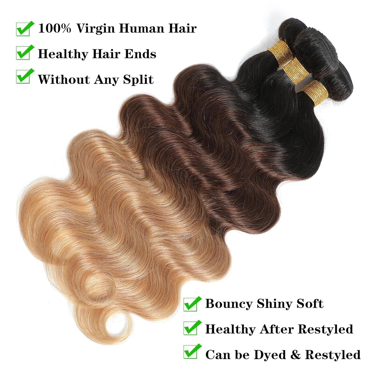 10A Ombre Human Hair Bundles Ombre Brazilian Hair Body Wave (T1B/4/27,18" 20" 22") Ombre Brazilian Human Hair Virgin Remy Hair Bundles 3 Tone Black to Blonde Human Hair Weave