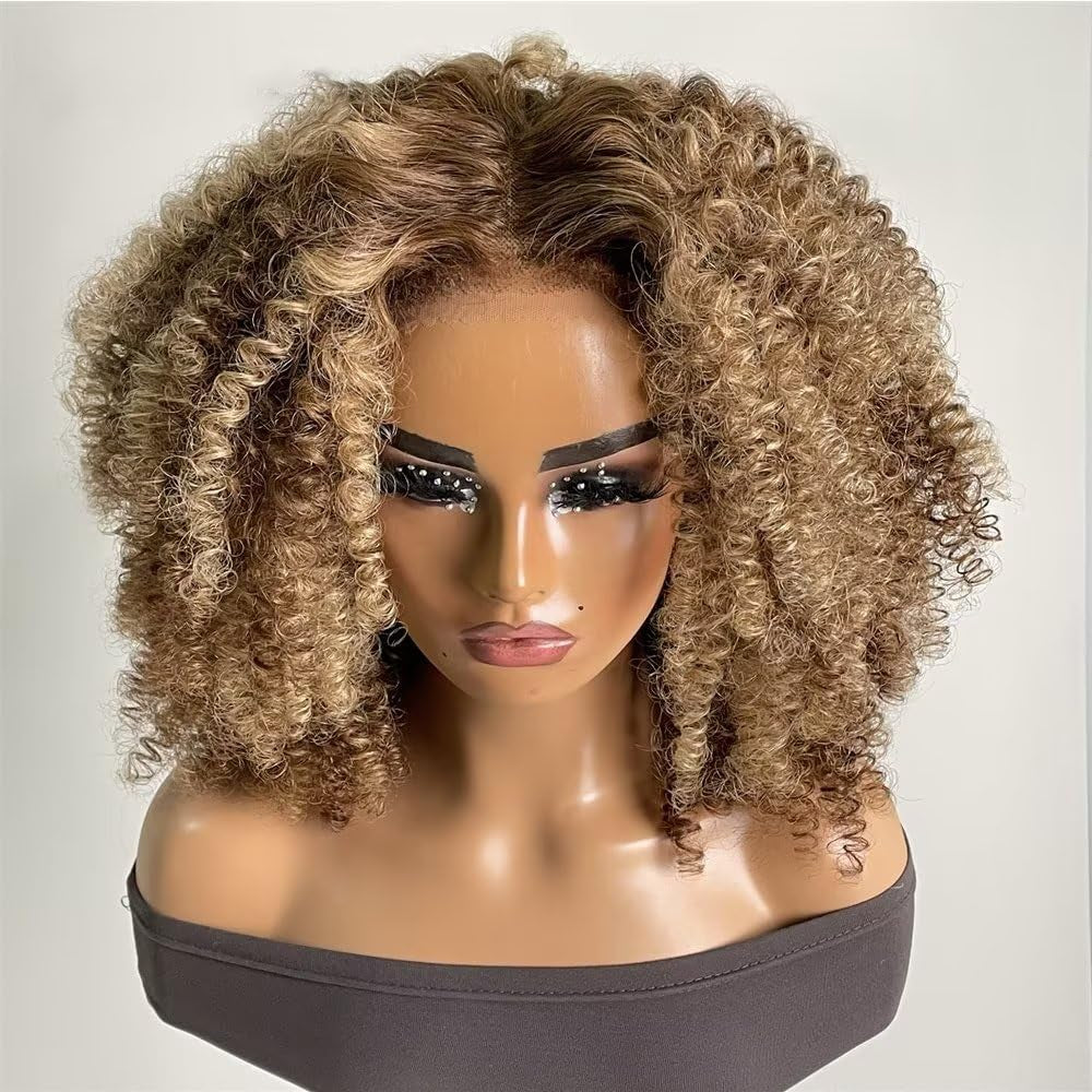 #4/27 Kinky Edge Afro Kinky Curly Wig Human Hair Honey Blonde Color 13X6 HD Transparent Lace Front Wig Human Hair Pre Plucked for Women Brazilian Remy Hair Glueless Wig 150% Density 18Inch