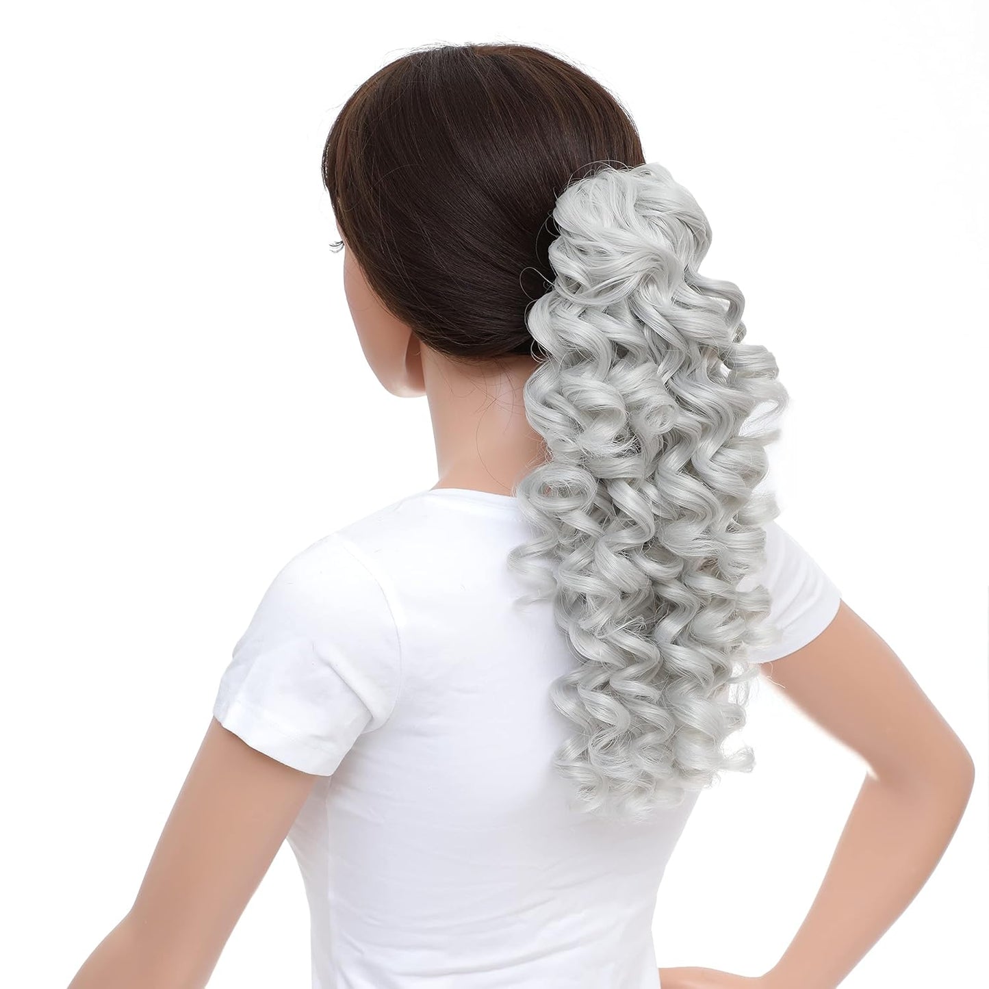 12-Inch Ponytail Extensions Synthetic Clip in Drawstring Curly Ponytail Hairpiece Jaw Clip Hair Extension (Silver Gray)