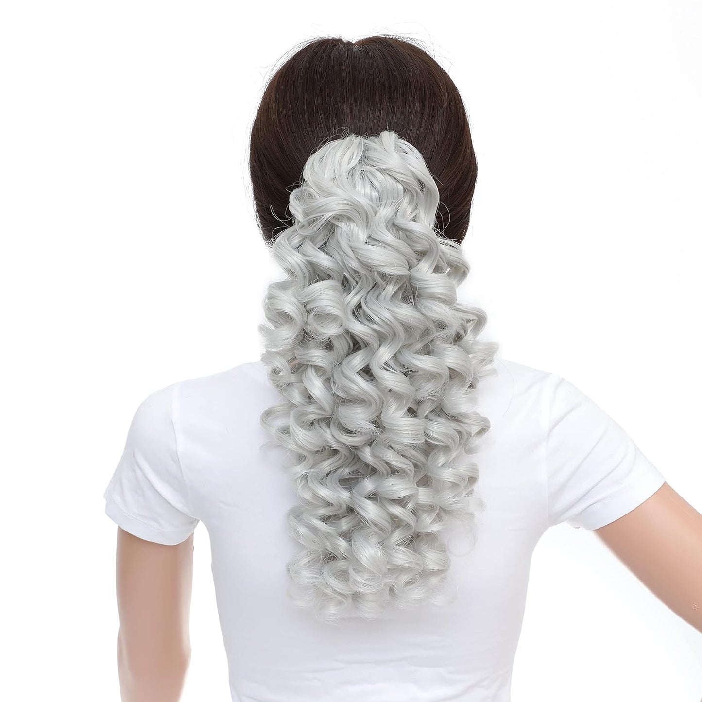 12-Inch Ponytail Extensions Synthetic Clip in Drawstring Curly Ponytail Hairpiece Jaw Clip Hair Extension (Silver Gray)
