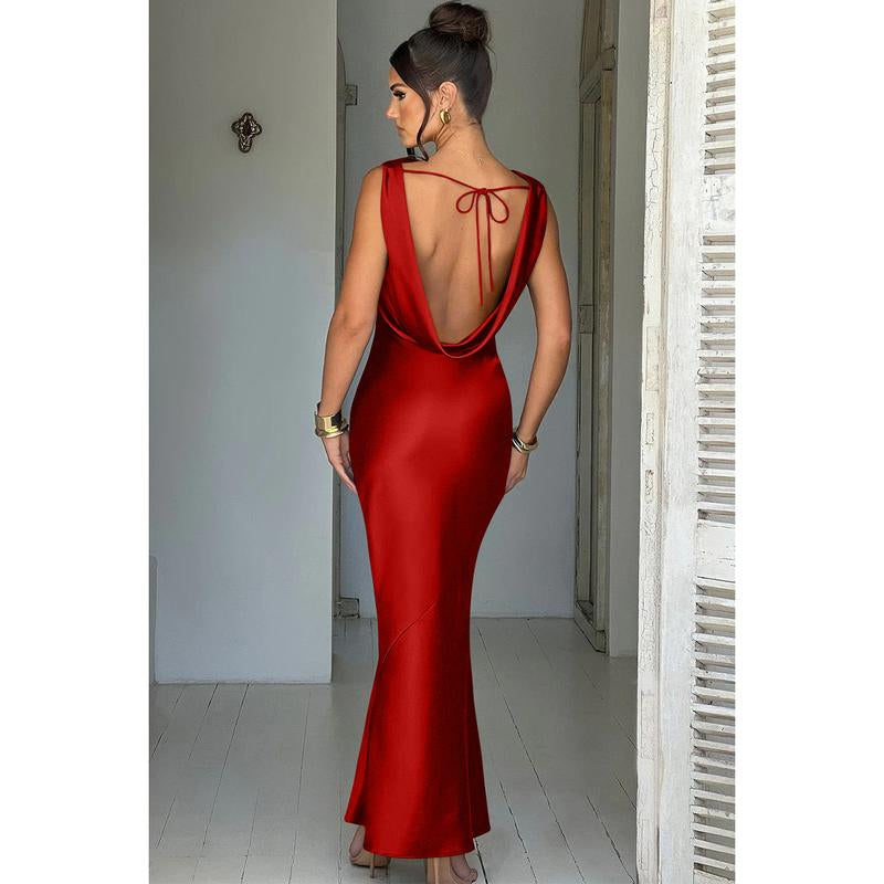 OYS Women'S Satin Elegant Sleeveless High Neck Tie Cocktail Party Maxi Dress Fabric Formal