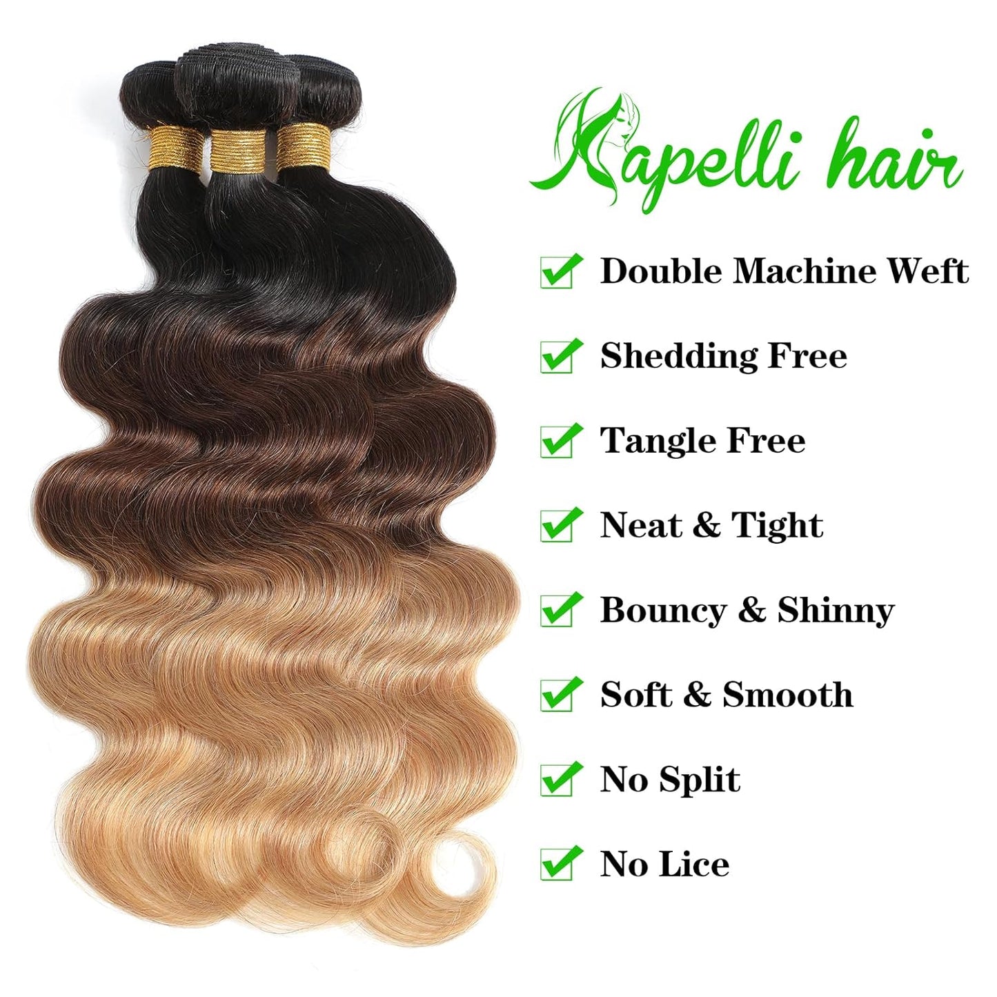 10A Ombre Human Hair Bundles Ombre Brazilian Hair Body Wave (T1B/4/27,18" 20" 22") Ombre Brazilian Human Hair Virgin Remy Hair Bundles 3 Tone Black to Blonde Human Hair Weave