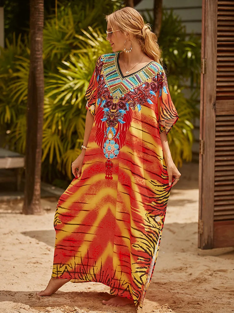 Women'S Long Caftans Print Bathing Suit Cover up Casual Beach Maxi Dress Abaya Beach Outfits Boho Clothes