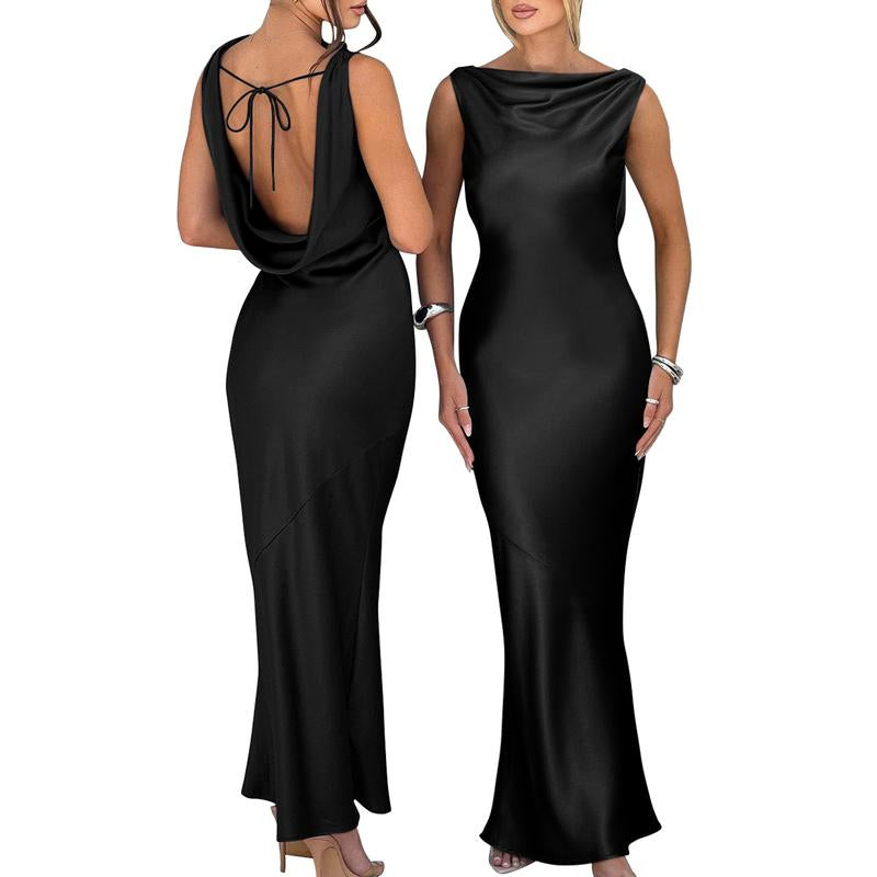 OYS Women'S Satin Elegant Sleeveless High Neck Tie Cocktail Party Maxi Dress Fabric Formal