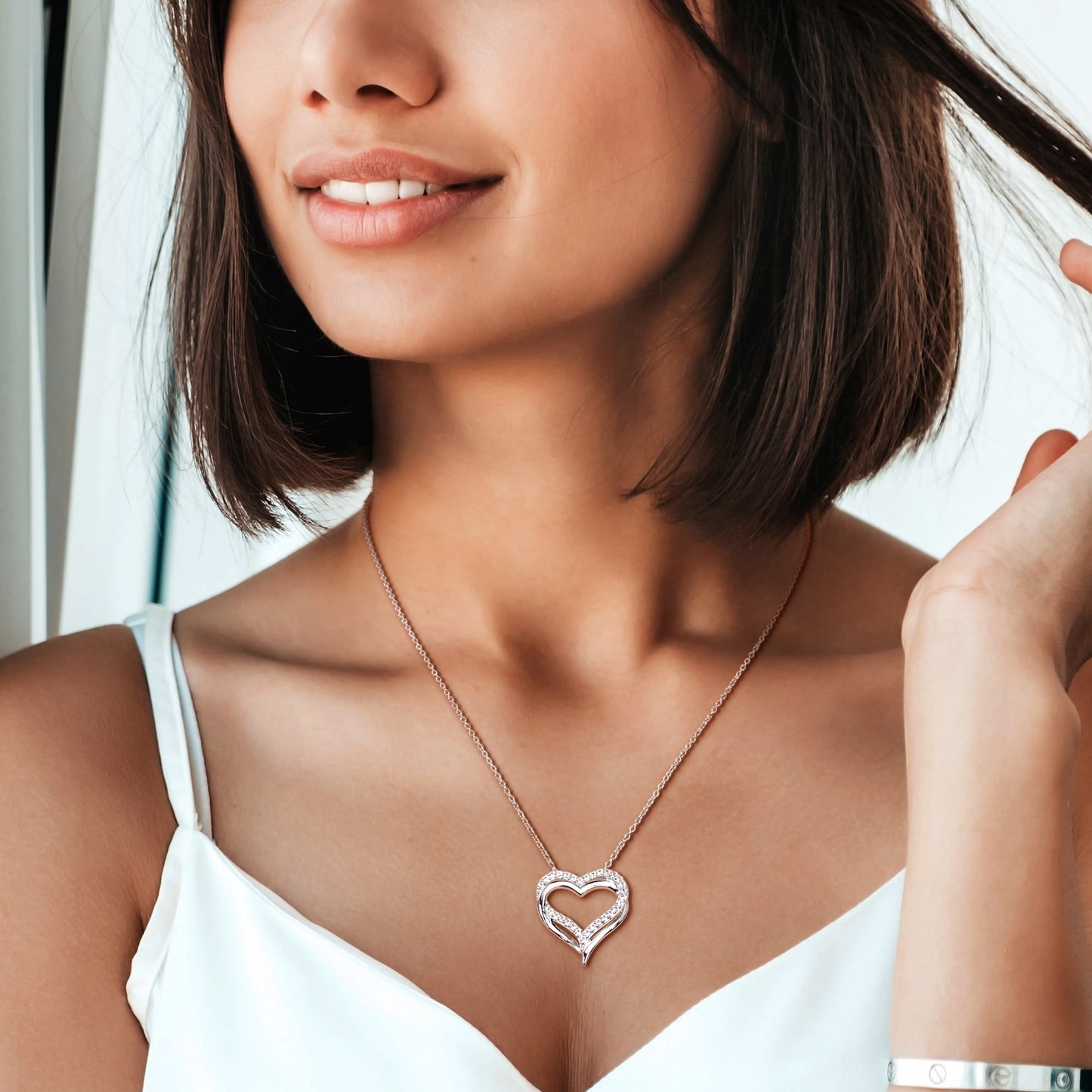Women'S 5/8 Carat T.G.W. Round-Cut Created White Sapphire Sterling Silver Double Heart Pendant with Chain with Shared Prong Setting and Spring Ring Clasp - 18 In.