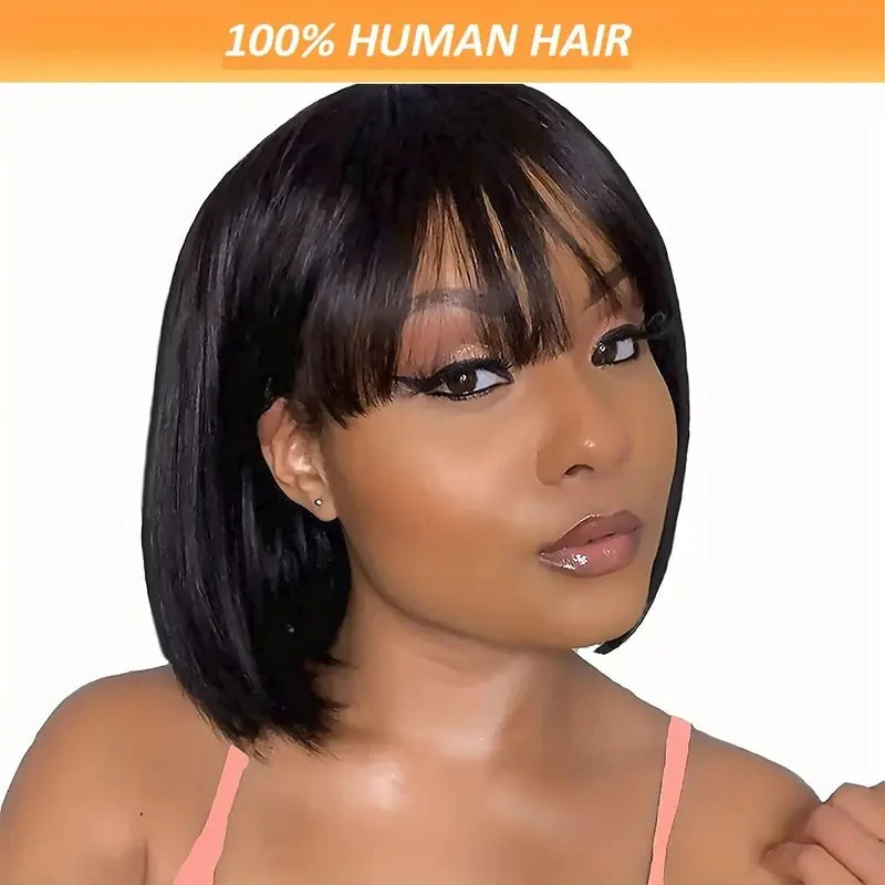 Human Hair Straight Short Hair Non-Toxic Black Wig with Bangs