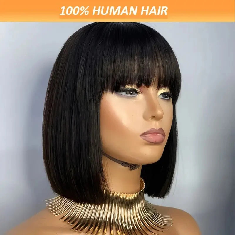 Human Hair Straight Short Hair Non-Toxic Black Wig with Bangs