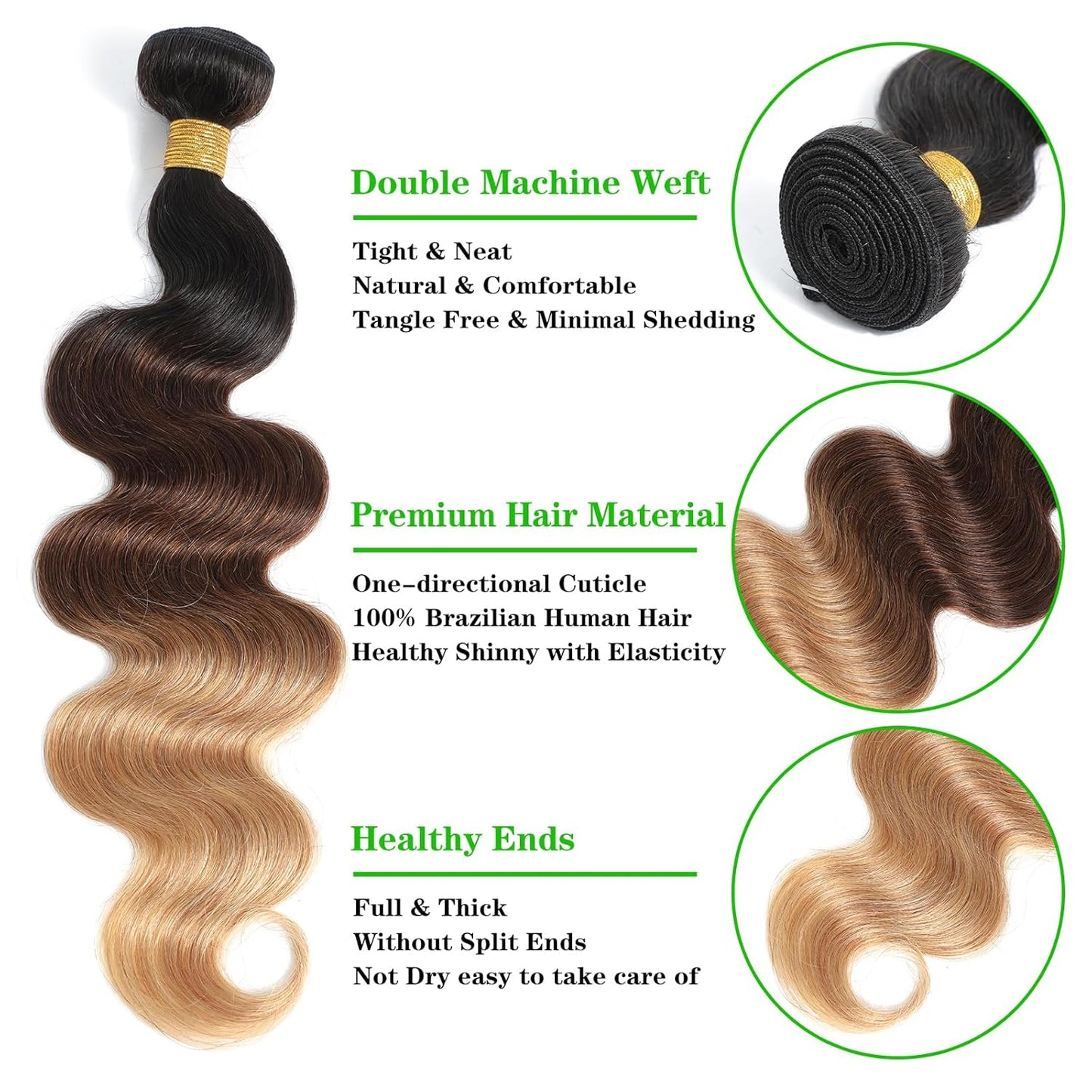 10A Ombre Human Hair Bundles Ombre Brazilian Hair Body Wave (T1B/4/27,18" 20" 22") Ombre Brazilian Human Hair Virgin Remy Hair Bundles 3 Tone Black to Blonde Human Hair Weave