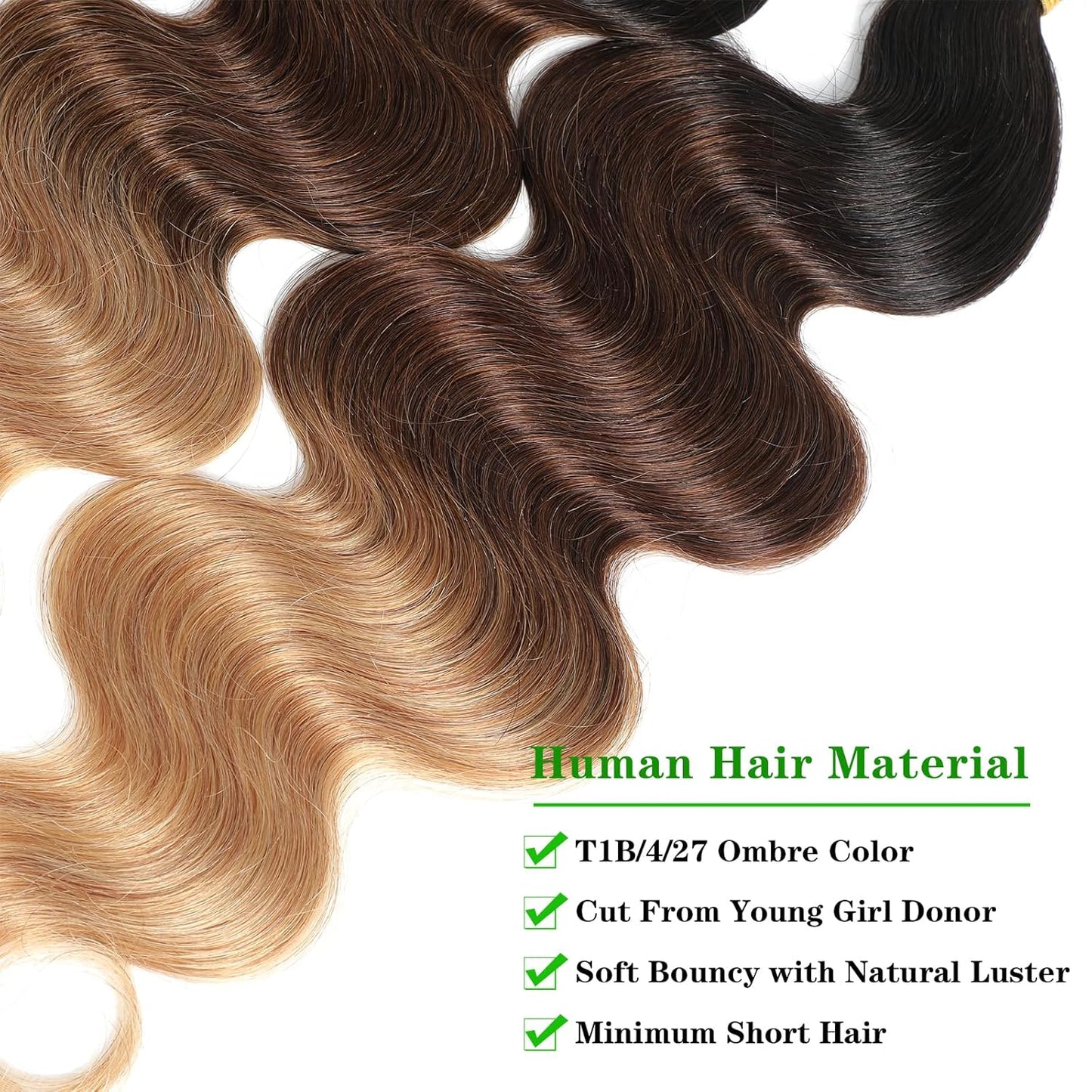 10A Ombre Human Hair Bundles Ombre Brazilian Hair Body Wave (T1B/4/27,18" 20" 22") Ombre Brazilian Human Hair Virgin Remy Hair Bundles 3 Tone Black to Blonde Human Hair Weave