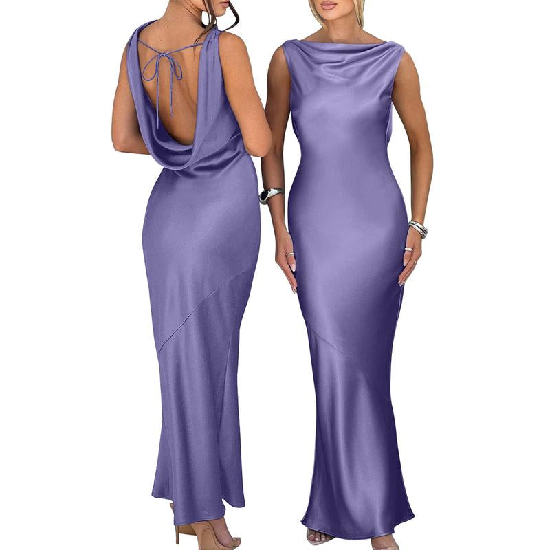 OYS Women'S Satin Elegant Sleeveless High Neck Tie Cocktail Party Maxi Dress Fabric Formal