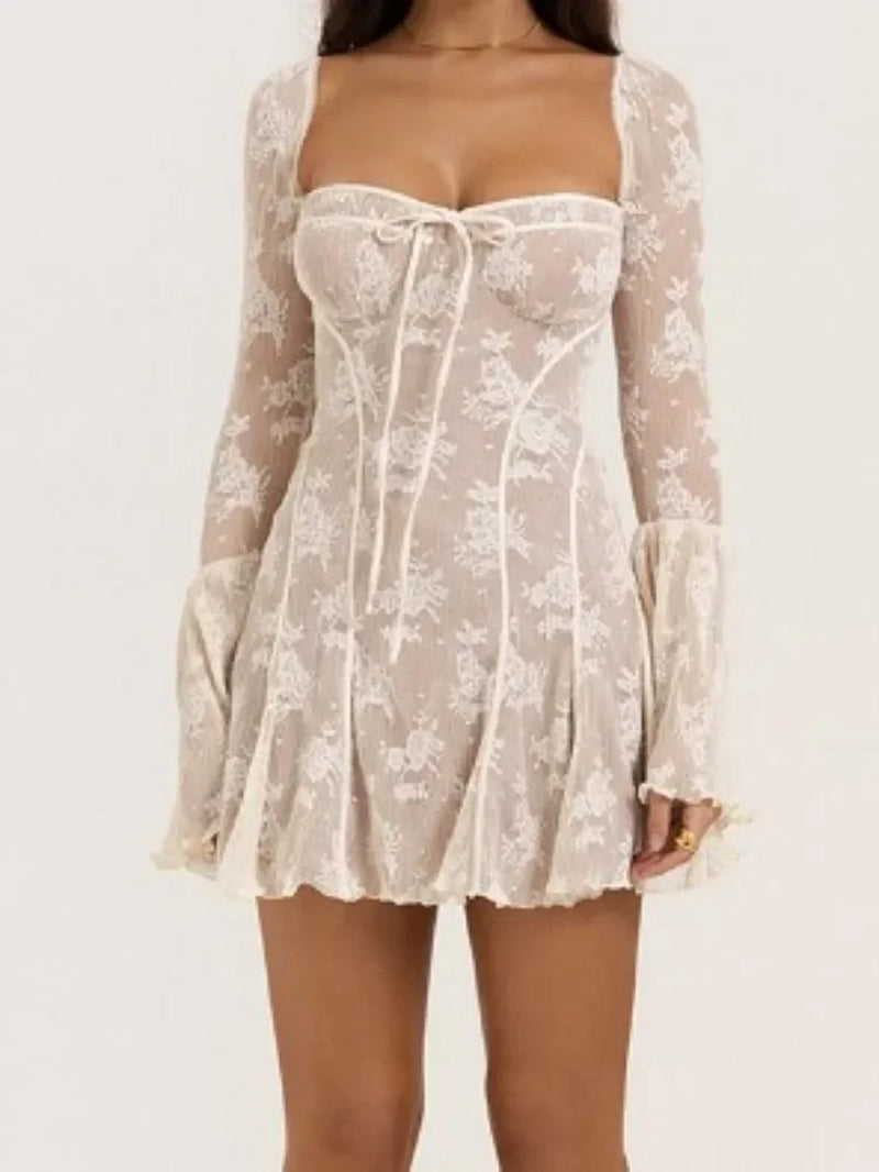 2024 Spring Backless Sexy Black Dresses Women Vintage Elegant Spring French Retro Lace Falre Sleeve Mini Short Dress Party