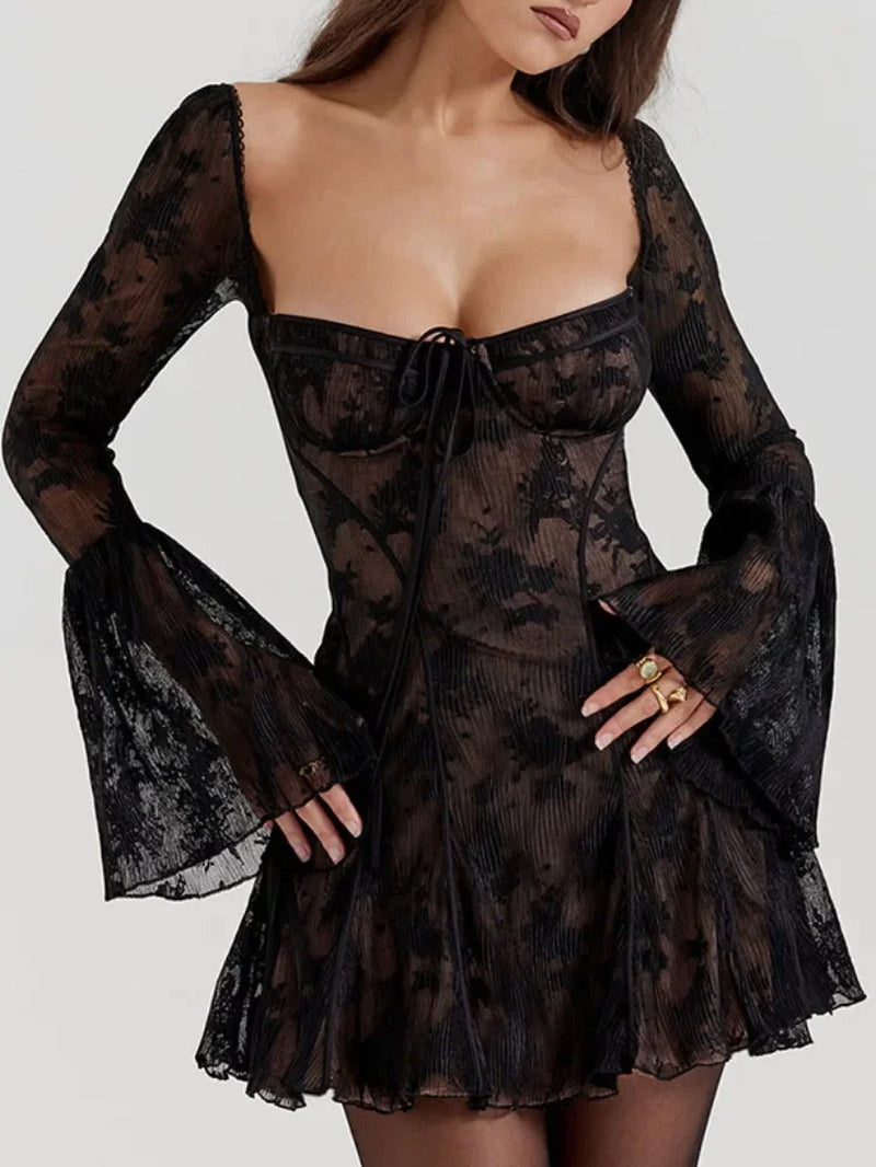 2024 Spring Backless Sexy Black Dresses Women Vintage Elegant Spring French Retro Lace Falre Sleeve Mini Short Dress Party