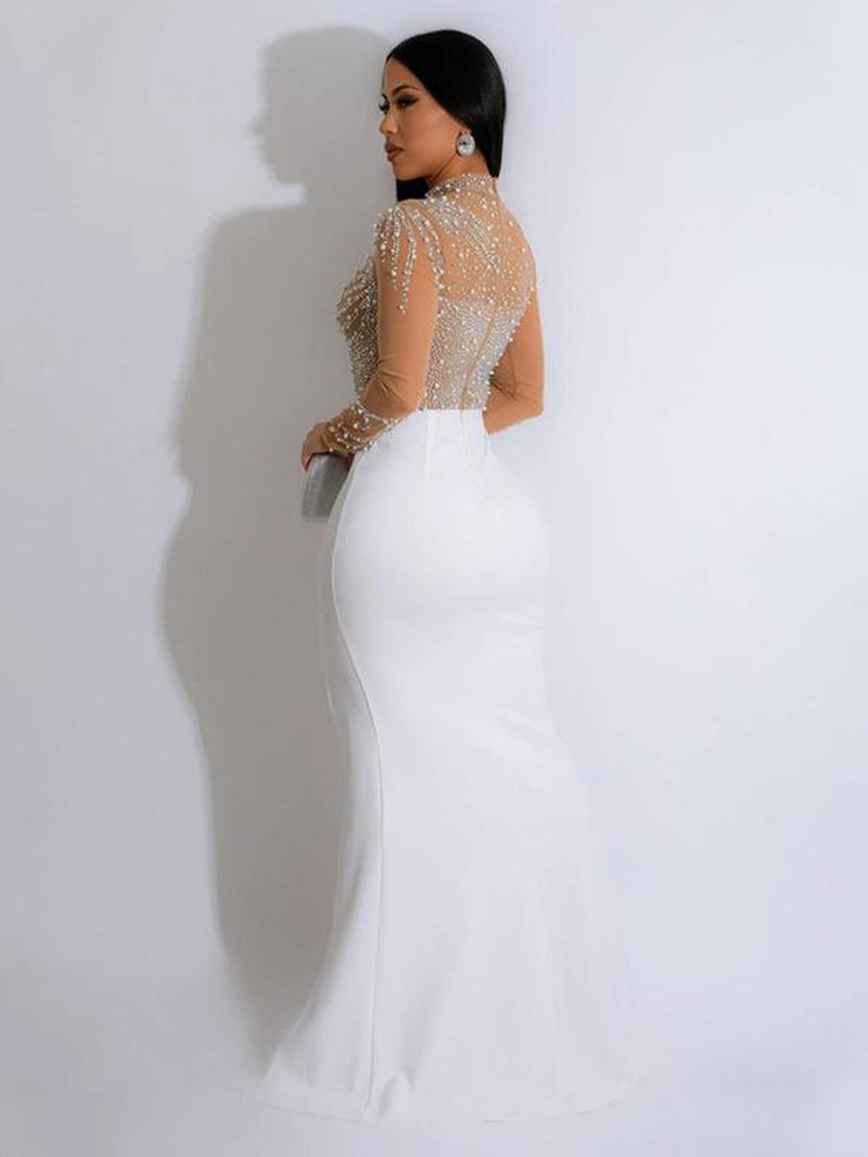 Women'S Rhinestone Decor Contrast Mesh Split Thigh Bodycon Dress, Elegant Long Sleeve Stand Collar Evening Party Gown, Ladies Clothes for All Seasons