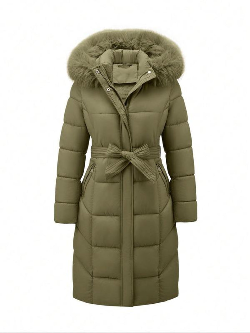 Women'S Fall Winter Hooded Jacket, Casual Fitted Warm Coat with Belt, Long Sleeve Thick Woven Fabric, Daily Wear Outerwear