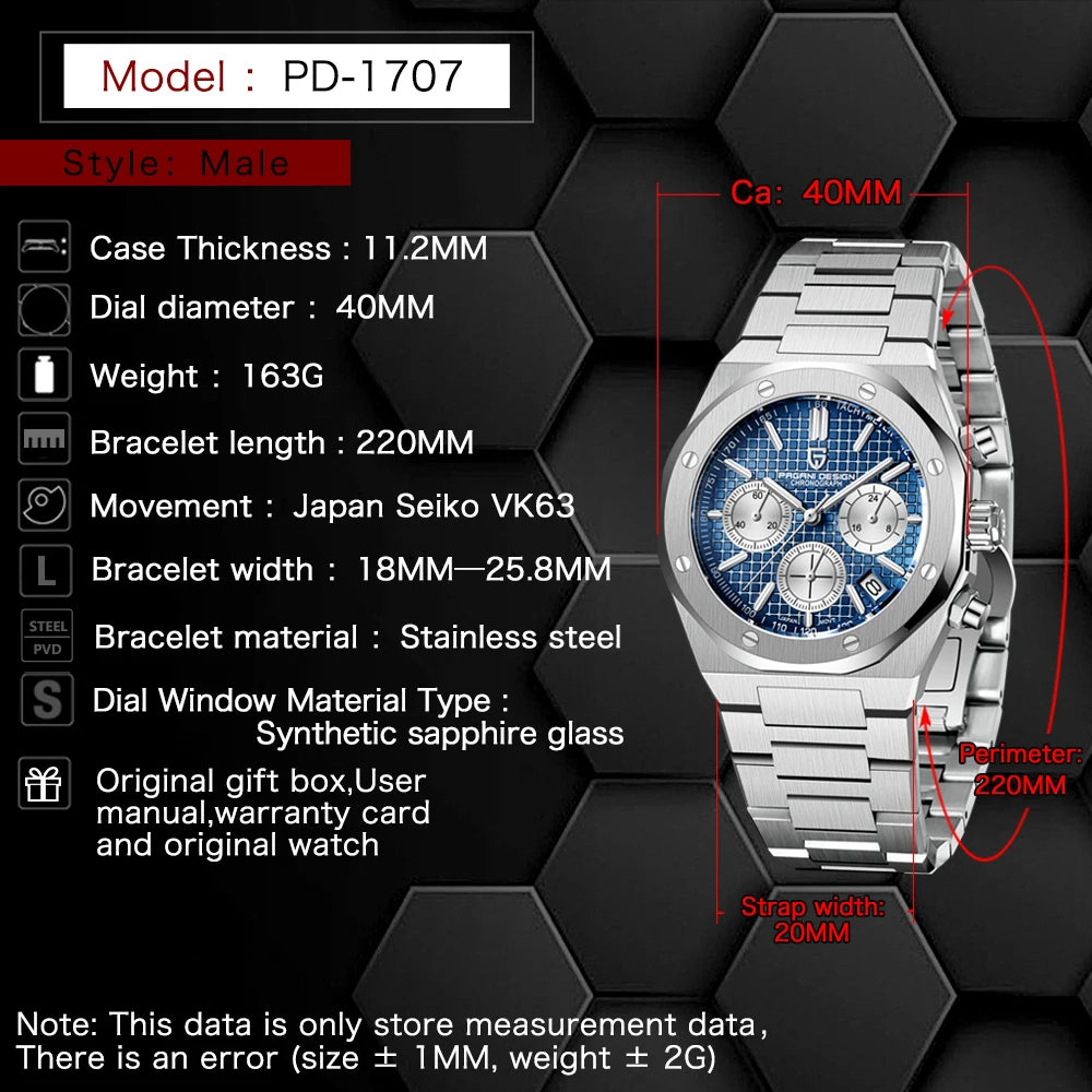 PAGANI DESIGN PD1707 Men'S Quartz Watches 40MM Stainless Steel Sapphire Glass Top Brand Watch Gift for Men Reloj Hombre 2024 New