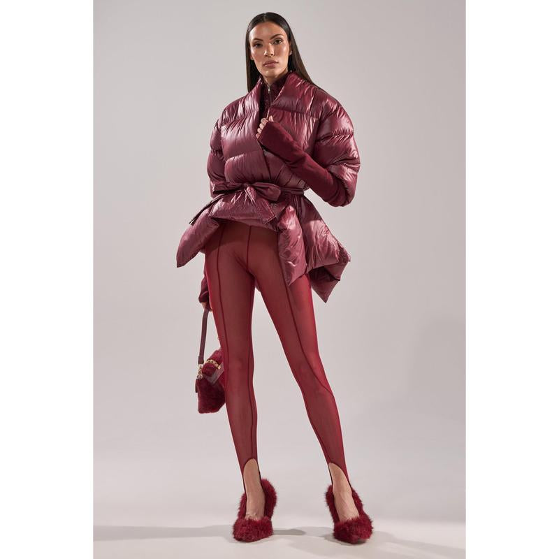 RIB SLEEVE PEPLUM PUFFER in BURGUNDY