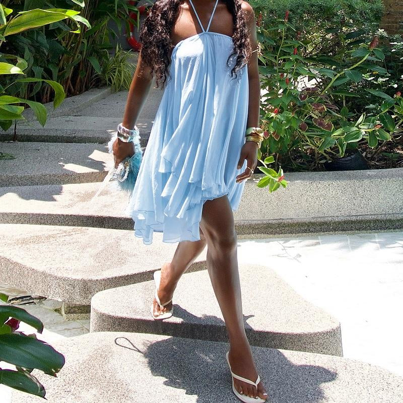 Dreamy Sleeveless Halter Mini Dress with Multiple Layers Solid Color Loose a Line Dress for Women'S 2025 Fall New Arrival Casual Elegant Outfit Parties & Dates, Feminine & Trendy Gown Dresses