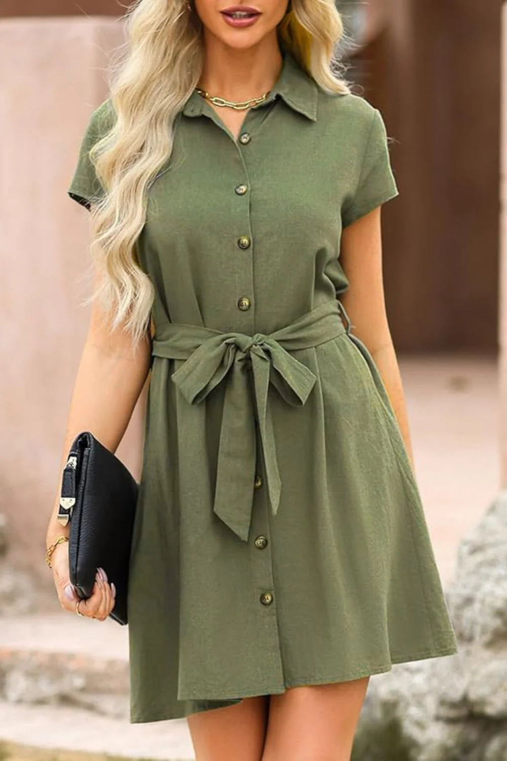 Tied Button up Short Sleeve Dress