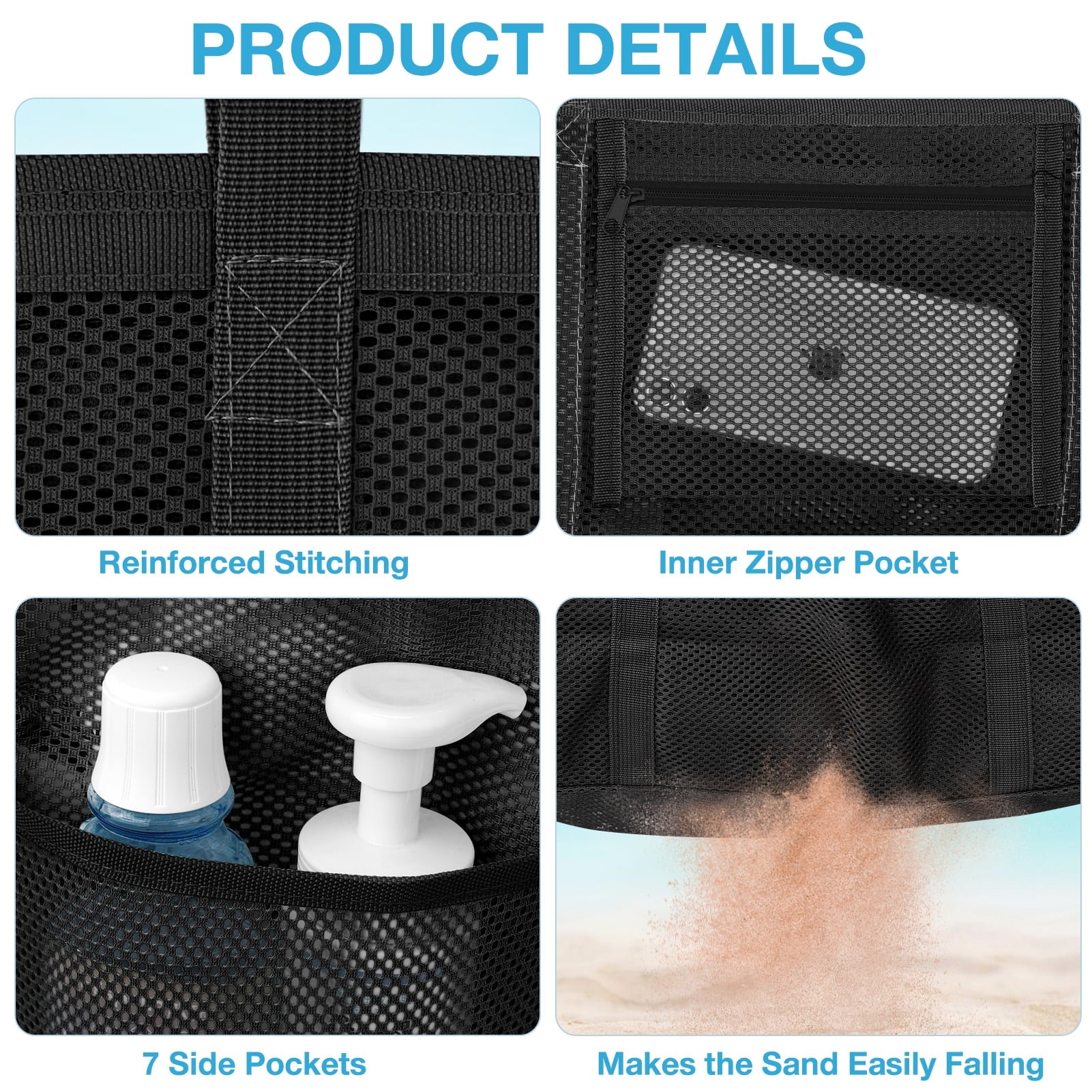 Mesh Beach Bag Rope Handles, Mesh Tote Bag for Women Contains Wicker Oversized Beach Tote Bag with 9 Small Pockets (Black)