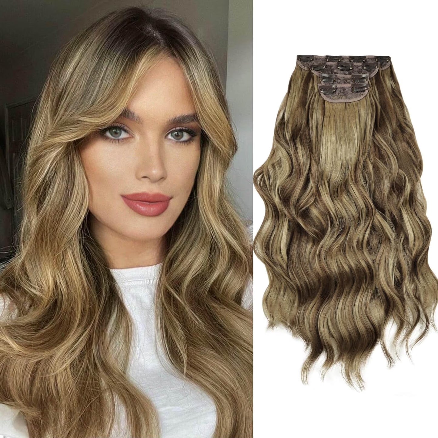 Clip in Hair Extensions 4PCS Thick Hairpieces Brown Highlight Blonde Long Wavy Curly Synthetic Hair Extensions for Women 23In