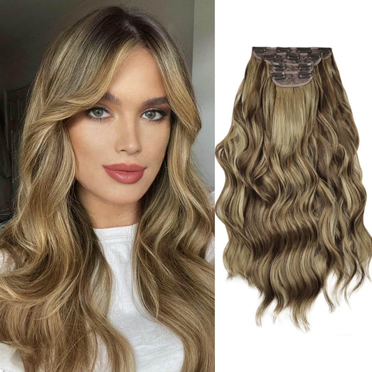 Clip in Hair Extensions 4PCS Thick Hairpieces Brown Highlight Blonde Long Wavy Curly Synthetic Hair Extensions for Women 23In