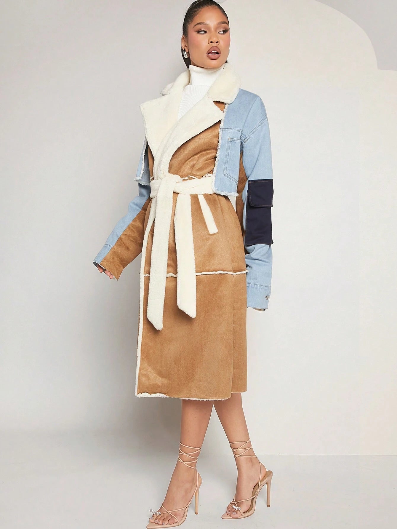 Hauture Colorblock Lapel Neck Belted Coat