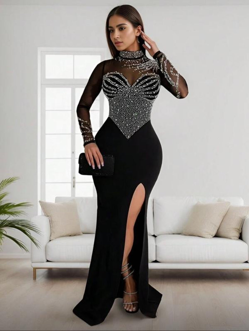 Women'S Rhinestone Decor Contrast Mesh Split Thigh Bodycon Dress, Elegant Long Sleeve Stand Collar Evening Party Gown, Ladies Clothes for All Seasons