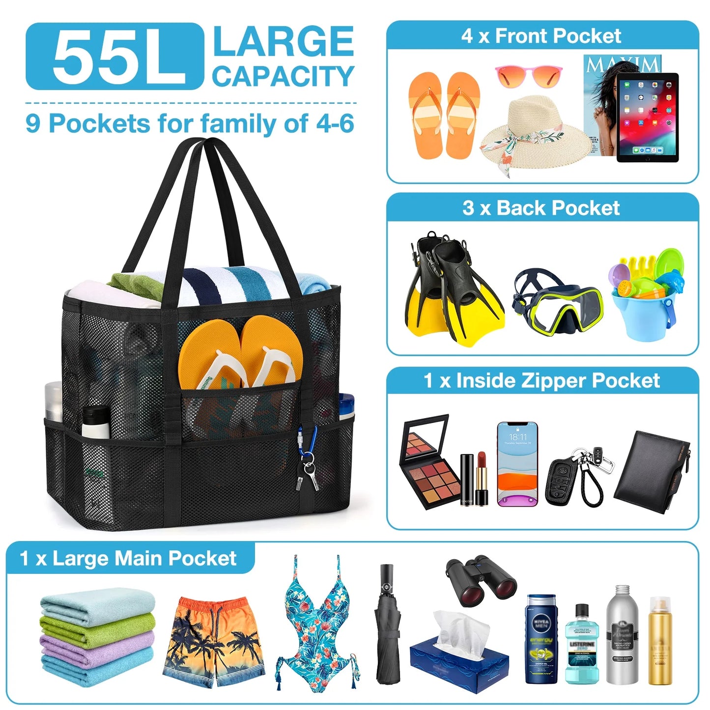 Mesh Beach Bag Rope Handles, Mesh Tote Bag for Women Contains Wicker Oversized Beach Tote Bag with 9 Small Pockets (Black)