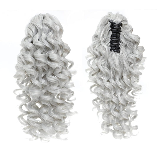 12-Inch Ponytail Extensions Synthetic Clip in Drawstring Curly Ponytail Hairpiece Jaw Clip Hair Extension (Silver Gray)
