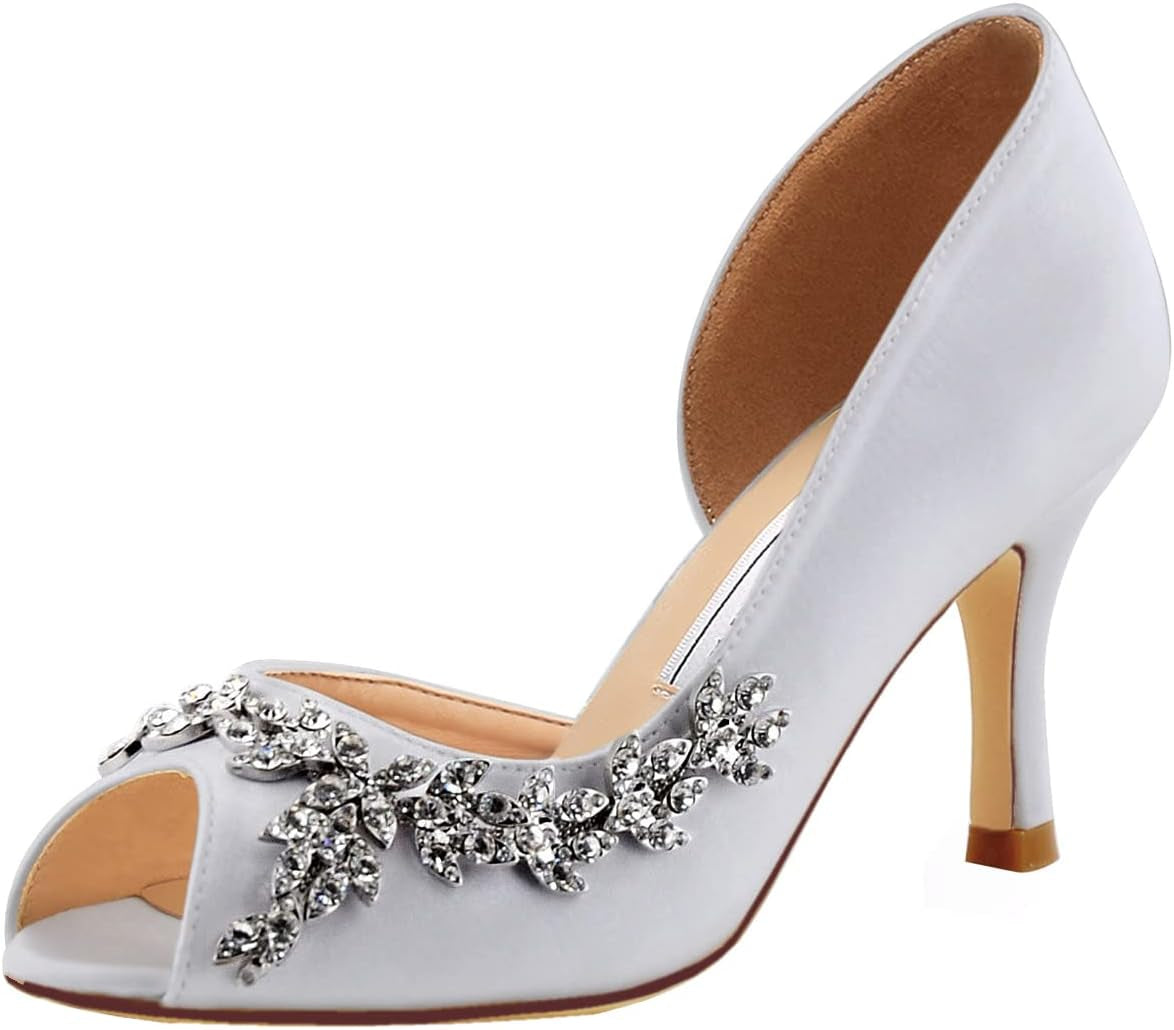 Wedding Heels for Women Peep Toe Wedding Shoes for Bride High Heel Pumps Rhinestones Bridal Shoes Satin Evening Party Prom Dress Pumps
