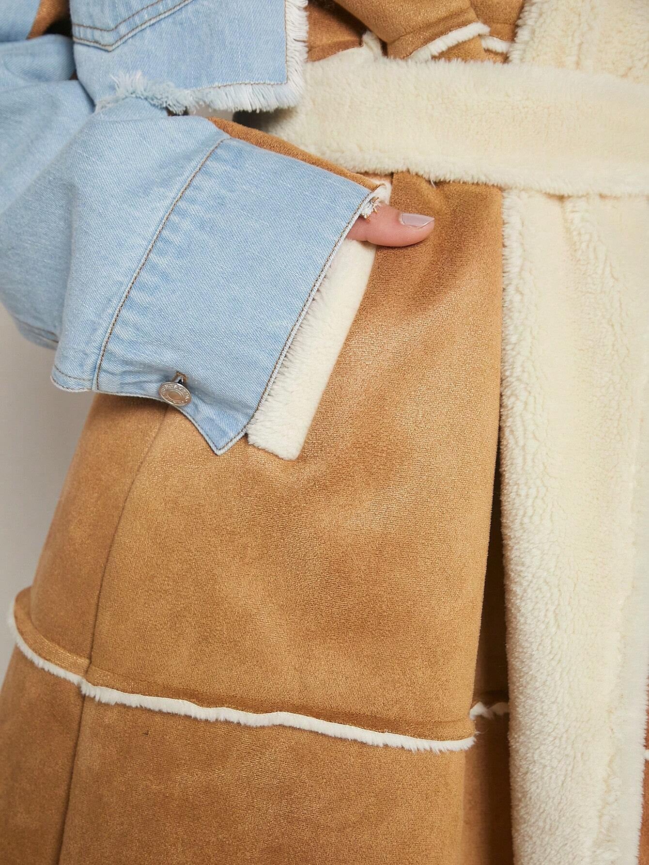 Hauture Colorblock Lapel Neck Belted Coat