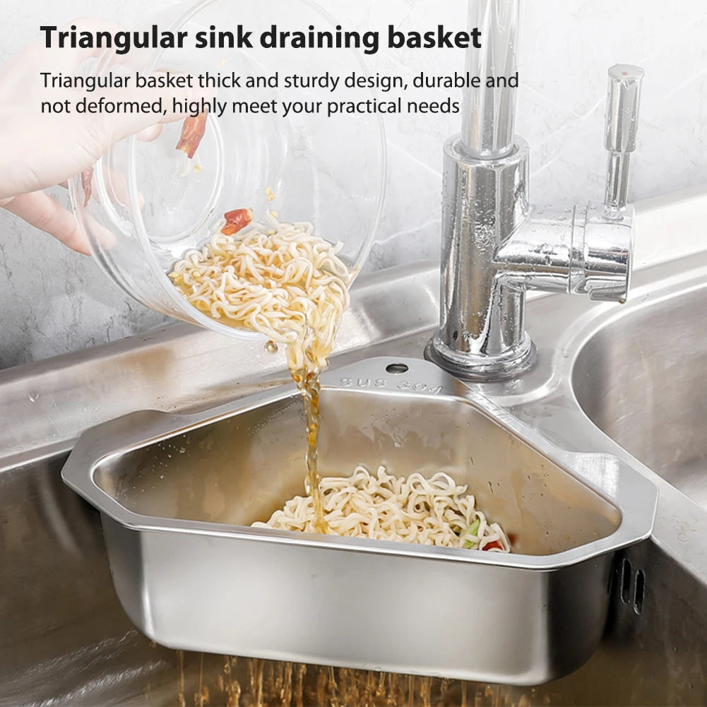 Stainless Steel Triangle Drain Basket Kitchen Sink Filter Shelf Fruit Vegetable Drainer Storage Rack Basket Bar with Suction Cup
