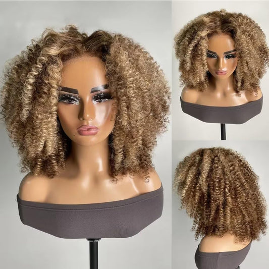#4/27 Kinky Edge Afro Kinky Curly Wig Human Hair Honey Blonde Color 13X6 HD Transparent Lace Front Wig Human Hair Pre Plucked for Women Brazilian Remy Hair Glueless Wig 150% Density 18Inch