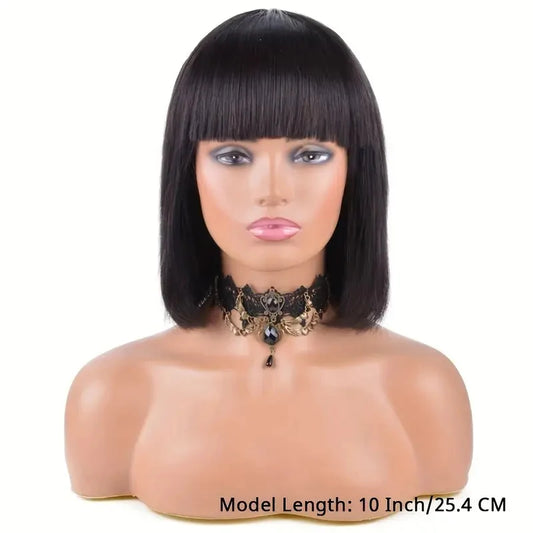 Human Hair Straight Short Hair Non-Toxic Black Wig with Bangs