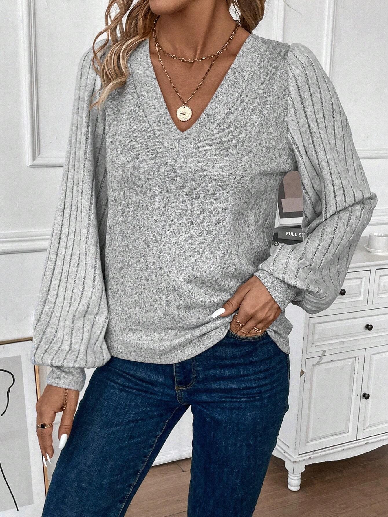 EMERY ROSE Lantern Sleeve V Neck Tee Fall Cloth for Women