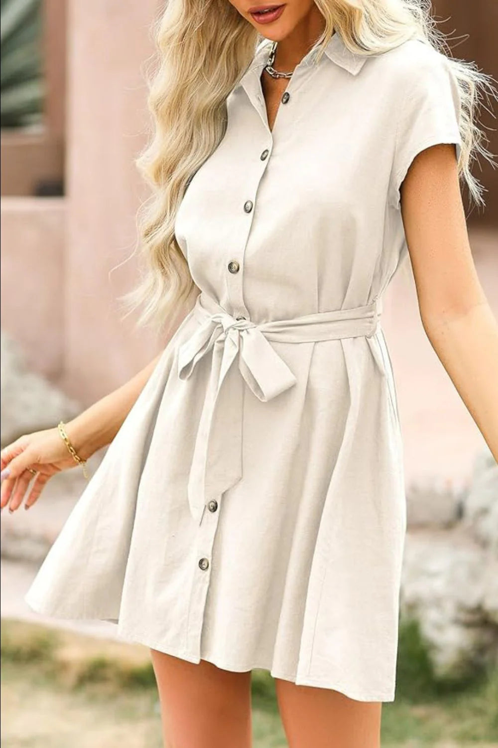 Tied Button up Short Sleeve Dress
