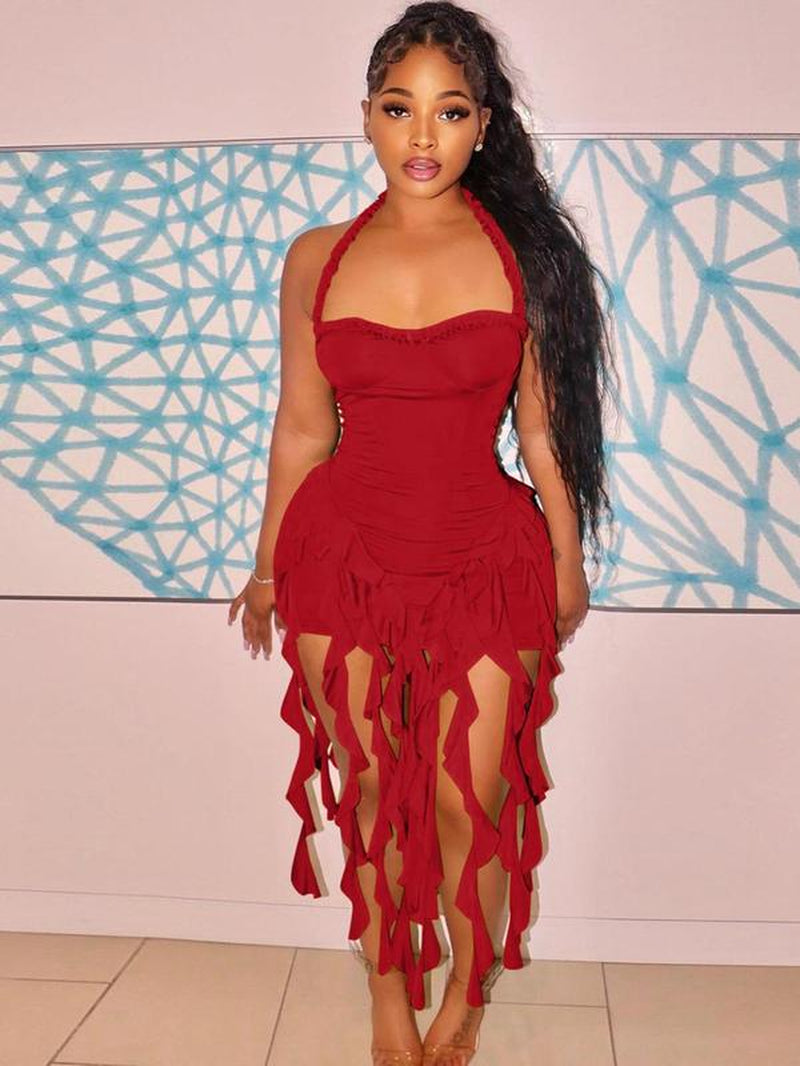 Women'S Plain Ribbon Halter Neck Ruffle Hem Bodycon Dress, Chic Backless Sleeveless Mini Dress for Party Club Dating Wear, Ladies Summer Clothes, Valentine'S Day Gift for Girl